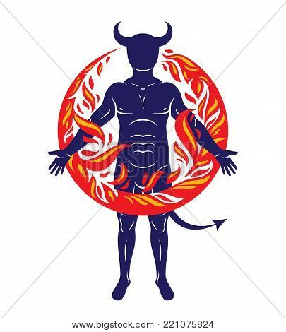 Athletic horned man surrounded by a fireball. Vector illustration of mystic infernal demon, evil Lucifer.