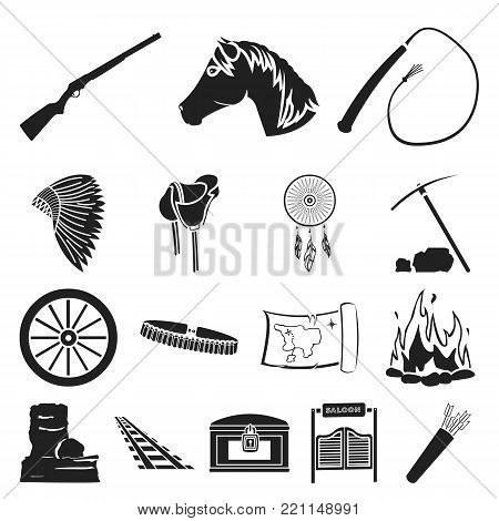 Attributes of the wild west black icons in set collection for design.Texas and America vector symbol stock  illustration.