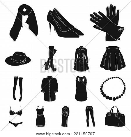 Women's Clothing black icons in set collection for design.Clothing Varieties and Accessories vector symbol stock  illustration.