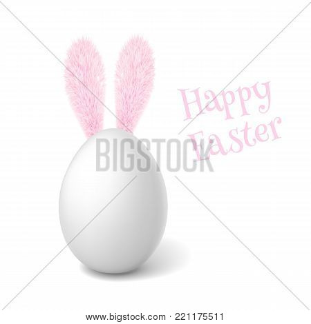 Vectro realistic 3d chicken egg with white eggshell. Eeaster spring holiday poster, banner, advertising design with pink rabbit, bunny ears. organic raw natural farm product. Isolated illustration