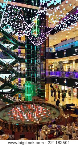 MOSCOW, RUSSIA - DECEMBER 17, 2017: Futuristic design of the atrium in the shopping center European (Evropeisky) in the city centre