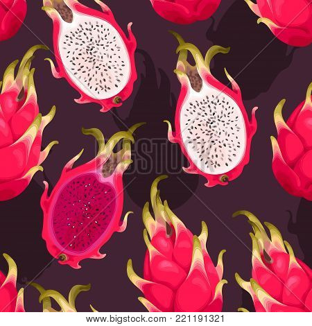 Seamless vector pattern with dragon fruit on a dark background