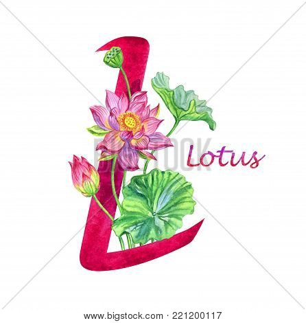 Letter "L" with lotus, watercolor illustration on white background isolated.