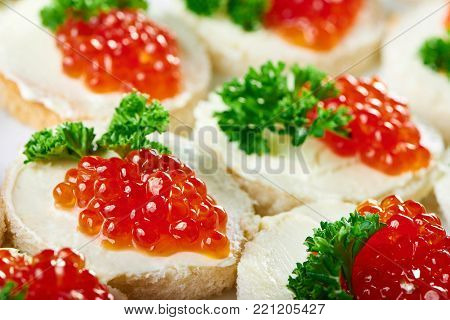 Delicious appetizer served for restaurant catering : canapees with butter, red caviar and parsley. Tasty for light alcohol drinks and buffet.