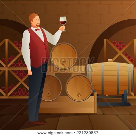 Wine production with sommelier barrel and glass gradient flat vector illustration