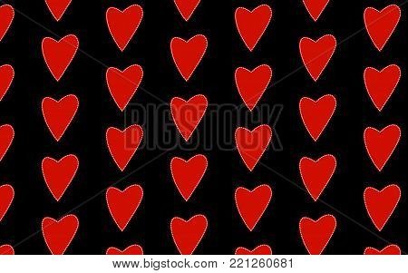 Pattern of red love hearts with white, inner, stroke strokes, firmware to the day of the holy valentine on a black background. Vector illustration. Seamless texture.