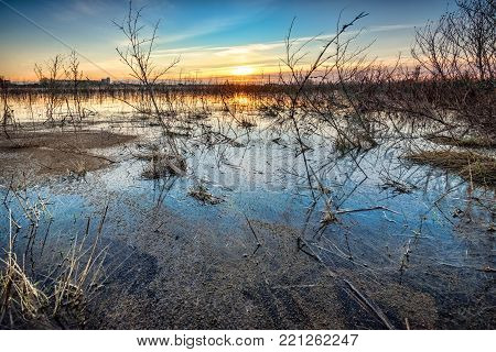 Flooded grass field and floodplains with a beautiful view of the flat landscape in the netherlands in the river delta with reflection in the water. photo made between Kampen and Zwolle in the province of Overijssel