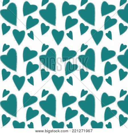 Pattern of blue, turquoise hearts with white, inner, stroke strokes, firmware to the day of Saint Valentine on a white background. Vector illustration. Seamless texture.
