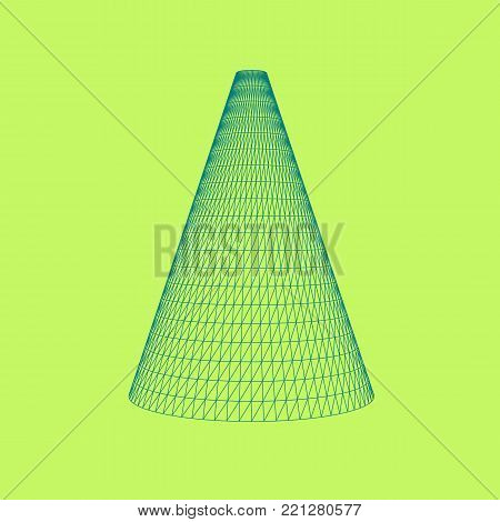 Vector illustration of Cone, perfectly formed geometrical solid figure. Three-dimensional transparent object. Abstract polygonal shape and simple geometric form. Isolated on colored background.