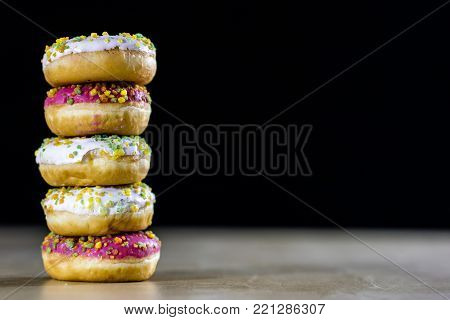 Tasty And Fresh Donuts On The Kitchen Table. Cookies, Tasty Snacks On A Wooden Table. Table In Kuchi