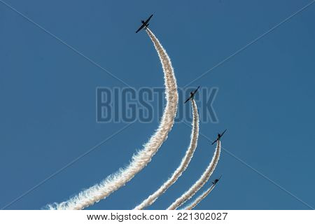 READING, PA - JUNE 3, 2017: The GEICO Skytypers in flight during World War II reenactment at Mid-Atlantic Air Museum