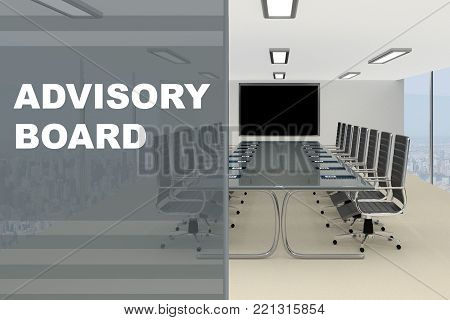 3D illustration of ADVISORY BOARD title on a glass compartment