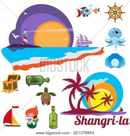 Set of multicolored images with marine issues Shangri-la, coastal countries, exotic vacation, seaside resort.
