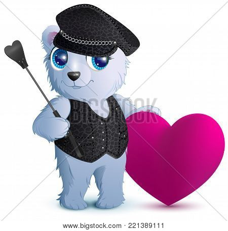 White bear in black leather clothes in style of bdsm. Isolated on white vector cartoon illustration