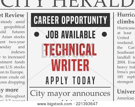 Technical writer career - job hiring classified ad vector in fake newspaper.