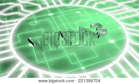 The abbreviation WPA3 on green network floor surrounded by circular circuit 3D illustration