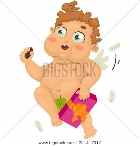 Valentine's Day cupid with box of chocolates. Vector illustration isolated on white background.