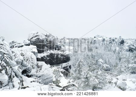 winter view from the top of the mountain in the Urals in the snowy overcast weather; in the foreground covered with hoarfrost tops of trees