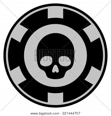 Skull black casino chip icon. Vector style is a flat gambling token symbol designed with black and light-gray colors.