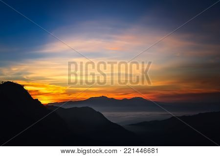 Early morning after sunrise view of the spectacular Gunung Bromo and Sumeru volcanoes in Java, Indonesia