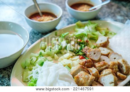 Vietnam food for healthy.Grilled pork with vegetables and wrapping flour.Close up