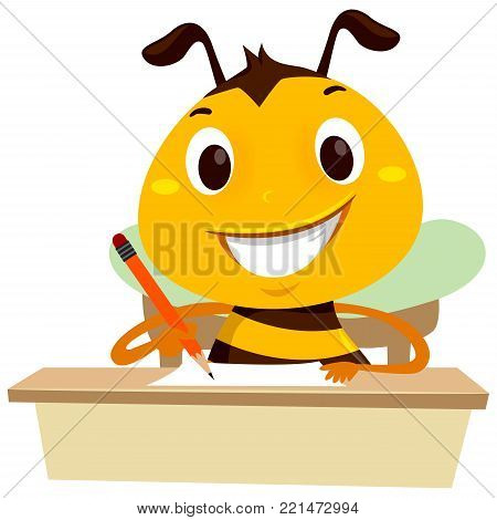 Vector Illustration of Bee writing on a piece of paper on the table