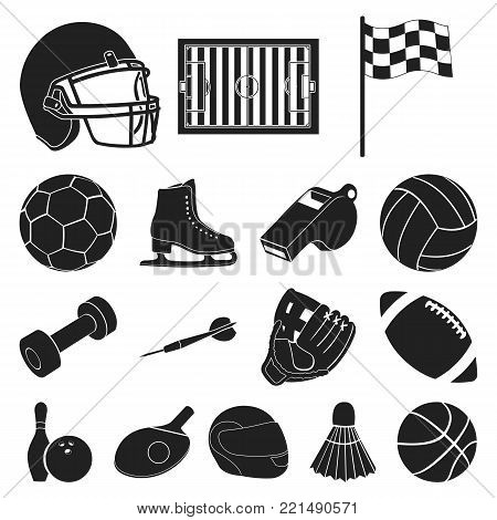 Different kinds of sports black icons in set collection for design. Sport equipment vector symbol stock  illustration.