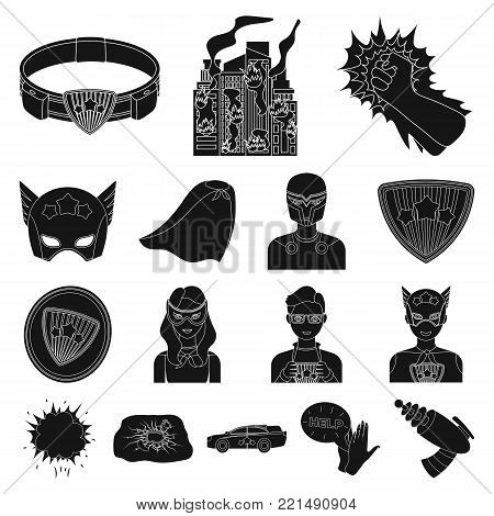 A fantastic superhero black icons in set collection for design. Superhero's equipment vector symbol stock  illustration.