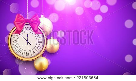 2018 new year shining background with clock. Happy new year 2018 celebration decoration golden balls poster, festive card template.
