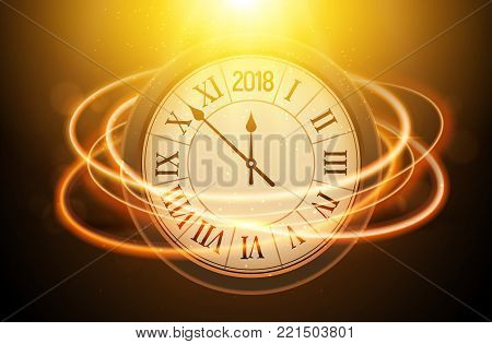2018 new year shining background with clock. Happy new year 2018 celebration decoration poster, festive card template.