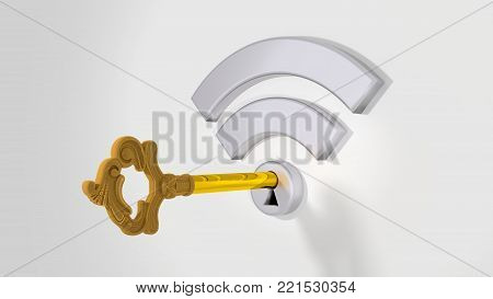 Grey wifi symbol with a keyhole on a white wall and a golden key 3D illustration