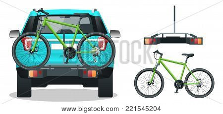 Bikes Loaded on the Back of a SUV. Back view. Flat style vector illustration isolated on white background