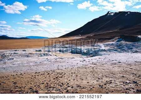 Fumarole field in Namafjall, Iceland. Geothermal beauty landscape.