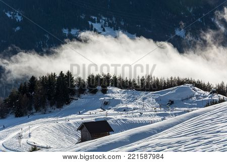 Sunset In Ski Resort Serfaus Fiss Ladis In Austria