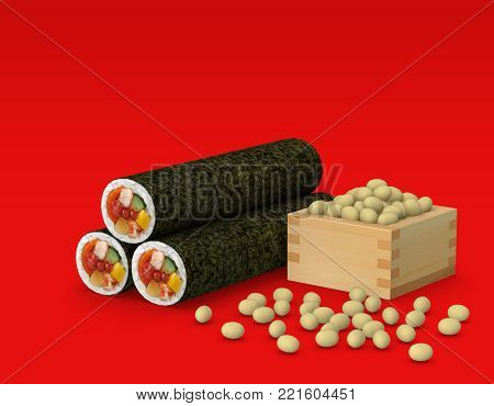 Sushi roll and beans for traditional Japanese event Setsubun, 3D Illustration