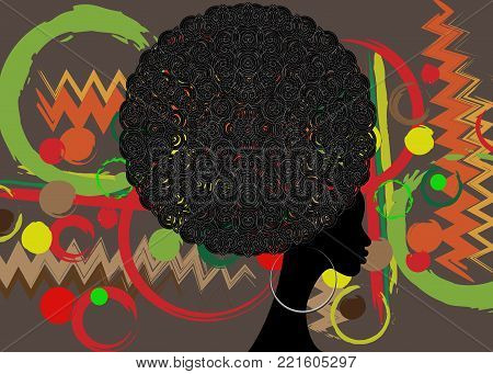 portrait African Women , dark skin female face with curly hair afro and ethnic traditional earrings on vector isolated or batik background , hair style concept