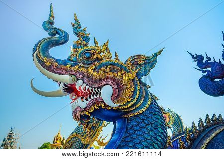 CHIANG RAI, THAILAND - December 20, 2017: Very beautiful sculpture in the Wat Rong Sua Ten or Rong Sua Ten temple. This place is the popular attraction for Chiang Rai trip.