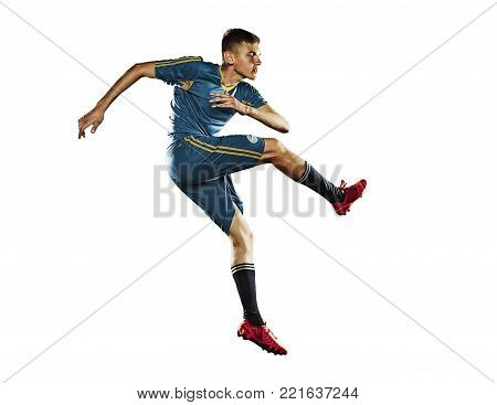 The one caucasian soccer player man isolated on white background