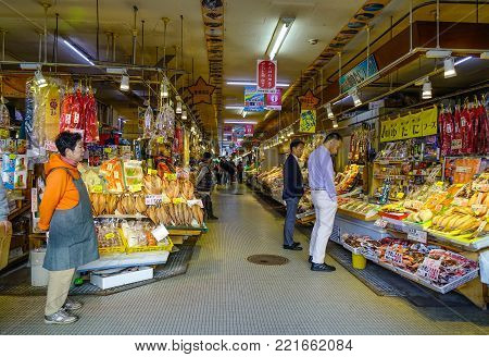 Hakodate, Japan - Oct 1, 2017. Vendors at Hakodate Asaichi Morning Market. Hakodate was Japan first city whose port was opened to foreign trade in 1854.