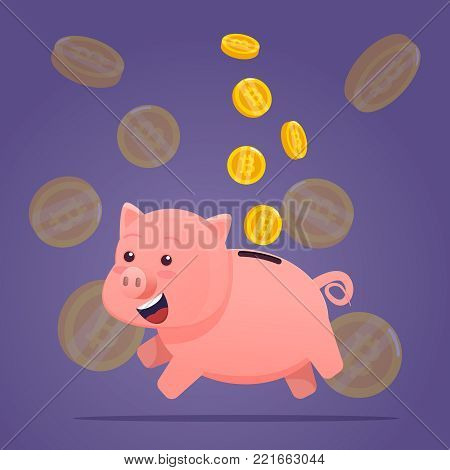 Piggy bank with gold coins bitcoin . smiling jumping pig with money coins on Ultra Violet background. Vector illustration