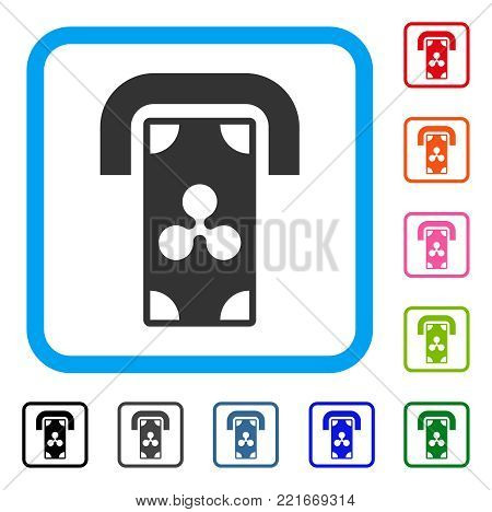 Ripple Cashpoint Terminal icon. Flat grey iconic symbol inside a blue rounded rectangular frame. Black, grey, green, blue, red, pink color versions of ripple cashpoint terminal vector.