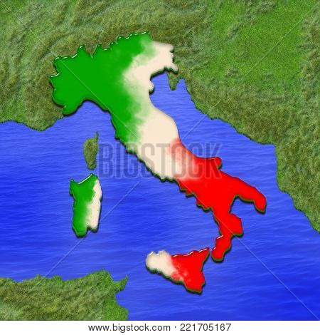 3D map of Italy painted in the colors of Italian flag, surrounded by land and sea background. Illustration of stylized jelly pie
