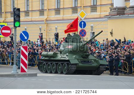 SAINT PETERSBURG, RUSSIA - MAY 09, 2017: T-34-85 - the Soviet tank of the Great Patriotic War  takes part in the solemn parade in honor of the Victory Day