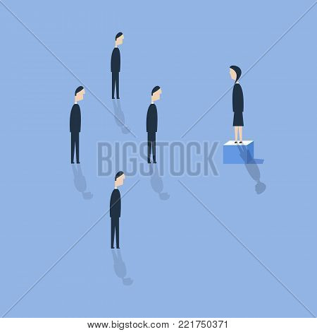 Business woman leader speaking on top of the column graph, vector illustration. Royalty free stock images.