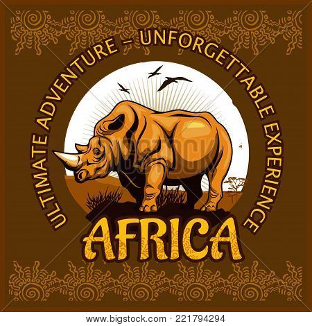 African landscape and rhino - vector illustration emblem and logo.