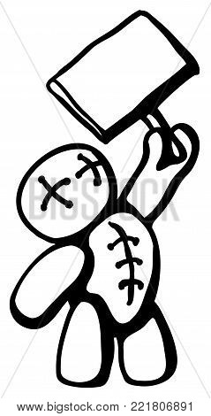 Voodoo doll holding sign stencil black, vector illustration, vertical, isolated