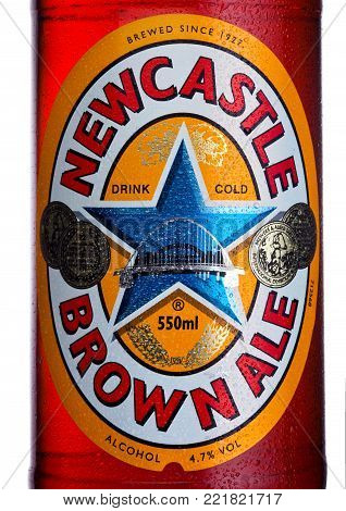 LONDON, UK - JANUARY 10, 2018: Bottle label of Newcastle Brown craft ale beer on white background