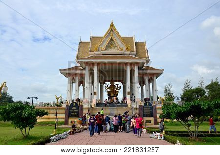Thai people praying and respect with Lord Brahma is a creator god in Hinduism also known as Svayambhu at shrine beside road on November 7, 2015 in Sing Buri, Thailand