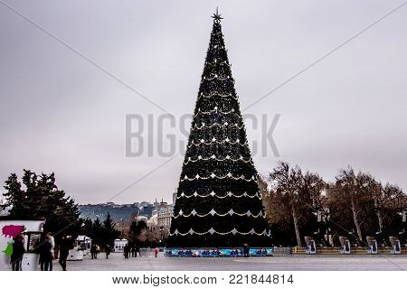 Christmas big tree on Baku Boulevard. Azerbaijan. Beautiful sick New Year tree.