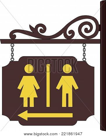 on an white background there is a sign with the direction of the toilets